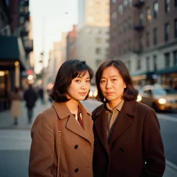 golden hour couple photographed with analog medium format pentax 6 7 in new york, 1 9 6 0 s film street photography, vintage expired colour film bokeh photograph