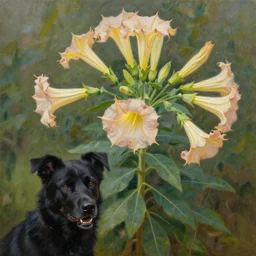 oil painting of datura strammonium flowers with a vicious black dog in the foreground