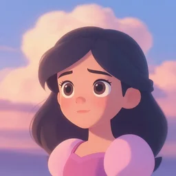 dreamland wonderland haughty stubborn friendly princess character portrait. close - up key visual. turbulent wind, eyes, character portrait, close - up, pleasing palette, undulating nebulous sunset clouds adorable, idyllic cumulonimbus matte painting from fantasia pastel from fantasia ( 1 9 4 1 )