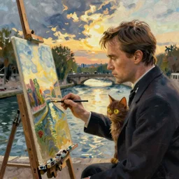 Ewan mcgregor is painting a canvas at the river of Seine in Paris early 20th century. Next to him is a brown cat with yellow eyes, by Ghibli studios style