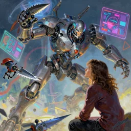 illustration of h. r. giger and liliia sitailo, artist paint in air colorful elements of bright sci - fi hologram elements, battle bio machine with sharp razors ready for battle, dramatic, sharp focus, depth of field, highly detailed, artstation, digital art, volumetric light, dynamic, expression