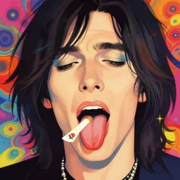a colorful vibrant closeup portrait of Aerosmith licking a tab of LSD acid on his tongue and dreaming psychedelic hallucinations, by kawase hasui, moebius, Edward Hopper and James Gilleard, Zdzislaw Beksinski, Steven Outram colorful flat surreal design, hd, 8k, artstation