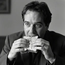 larry david eating a sandwich, the blair witch project film still, greyscale