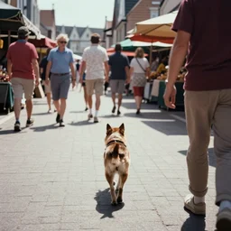 color video footage of a dog walking on the market district, day, summer, view from behind, 1 9 9 0.