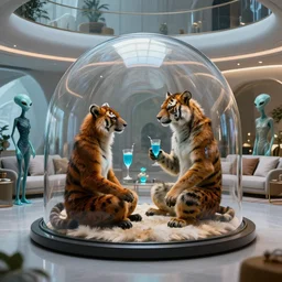 ! dream a large glass dome with 2 humans dressed in animal skins, the dome in a large futuristic living room with slender aliens in elegant clothing watching and drinking neon blue drinks