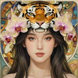 realistic detailed face of the beautiful goddess of orchids with a tiger head headdress by alphonse mucha, ayami kojima, amano, greg hildebrandt, mark brooks, and ernst haeckel, golden ratio, art nouveau, neo - gothic, gothic, neoclassical,