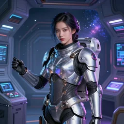 portrait armored astronaut girl, control spaceship at command room, ssci-fi, neon light, galaxy light effect and fantasy, intricate and very very beautiful and elegant, highly detailed, digital painting, artstation, concept art, smooth and sharp focus, illustration, art by tian zi and WLOP and alphonse mucha