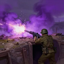 a soldier in a trench receiving artillery fire, purple smoke, digital art artstation