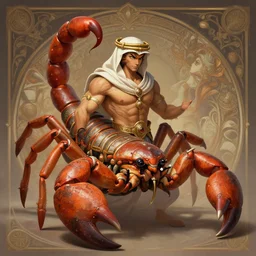 full body photograph of a male anthropomorphic scorpion man fursona arabian dancer, deep focus, intricate, elegant, highly detailed, digital painting, artstation, concept art, matte, sharp focus, illustration, d & d, fantasy, hearthstone, art by artgerm and greg rutkowski and alphonse mucha