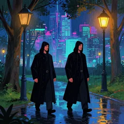 park at night, two plague doctors, artstation, by william degouve de nunqcues, rain puddles, trees, lantern, background glitched cyber city, vivid colors
