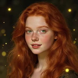 portrait of a red haired girl, long hair, green eyes, hint of freckles, beautiful round face, soft amazed smiles, among golden fireflies, highly detailed, deep focus, elegant, digital painting, smooth, sharp focus, golden ratio, illustration, ultra realistic, 8 k, art by caravaggio