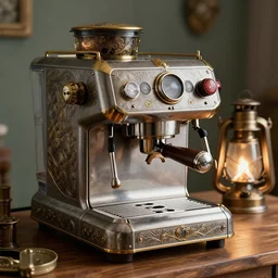 steampunk espresso machine with a soul, on a wooden table, intricate detail, hyper detailed, ultra realistic, sharp focus, smooth, octane render, lantern, volumetric, ray tracing, artstation trending, cgsociety, sense of awe, mystical, by wolp and artgerm, midsommar 4 k