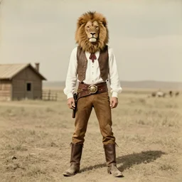 full body portrait of lion gun man on wild west, vintage 20s photograph