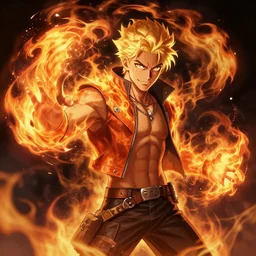 character art by luis royo, young man, blonde hair, on fire, fire powers