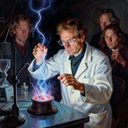 mad scientist experimenting with electricity and glowing plasma, painting by norman rockwell, frank frazetta, and syd mead. rich colors, high contrast, gloomy atmosphere, dark background. trending on artstation