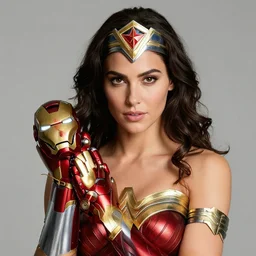 woman wearing Wonder Woman's crown and holding Iron Man's gloves