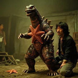 a filmstill of pulgasari, kaiju starfish, korean film noir, 1 9 5 0 s thriller, kim jong - il, in the style of suspiria ( 1 9 7 7 )