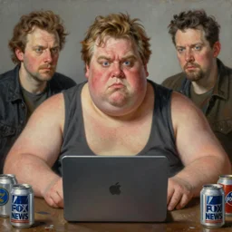 hyper realistic portrait of a hugely fat ugly don cherry watching fox news surrounded by beer cans, portrait dnd, painting by gaston bussiere, craig mullins, greg rutkowski, yoji shinkawa
