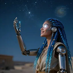 hypatia of alexandria looking at the starry night sky! dream beautiful futuristic himba woman smiling, glowing white mechanical eye, robotic prosthetic arm, blue glass dreadlocks, hyperrealistic, sci - fi, dramatic lighting, intricate, soft focus - n 9