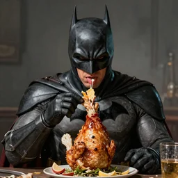 An epic fantasy comic book style portrait painting of batman eating a chicken, unreal 5, DAZ, hyperrealistic, octane render, RPG portrait, dynamic lighting