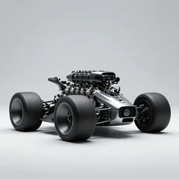 an automobile in a studio, futuristic, art style by pablo carpio, car design by vergil exner, big engine and big wheels. full view, blank background.