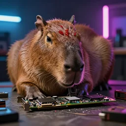 capybara chews on a nvidia gpu, eats an rtx 1 0 8 0 graphic card, wildlife photography, kodak gold 2 0 0, depth of field, f / 2 2, neon lamp, volumetric lighting, award - winning photo