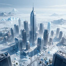 a beautiful digital artwork of a hi - tek city frozen in a glacier, high quality, stunning, volumetric shadows, haze, master level composition