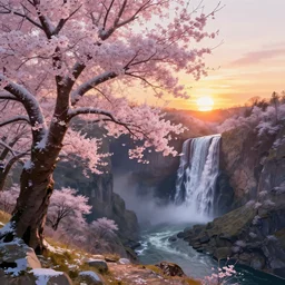 featured on artstation winter cherry tree overlooking valley waterfall sunset beautiful image stylized digital art
