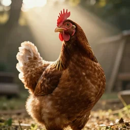 A chicken in a movie, cinematic shot, sun beams