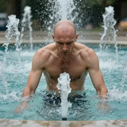 a balded man surrounded by water fountains, artstation