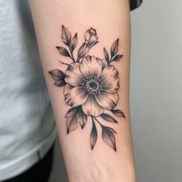 photograph of a floral tattoo, black ink line drawing, photo - realistic