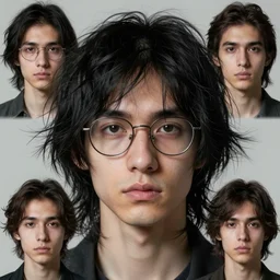 portrait of a young man, long face, black hair, chaotic hair, glasses, detailed, hyperrealistic, realistic, symmetrical, by artgerm, by anato finnstark, by alena aenami, by john harris, by ross tran, by wlop, by andreas rocha