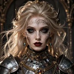 beautiful and gothic and evil and luxury and dieselpunk young medieval female knight portrait +smoky eyes+front face with light flowing hair, ultradetail face, art and illustration by tian zi and craig mullins and WLOP and alphonse mucha, fantasy, intricate complexity, human structure, human anatomy, fantasy character concept,  watermark, blurry, hyperrealism 8k