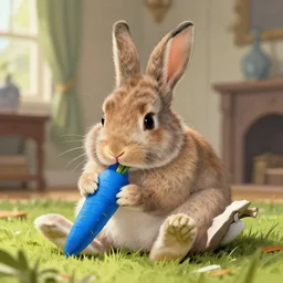 A fuzzy rabbit chilling in her mansion eating a blue carrot, Greg Hildebrandt, Mark Keathley