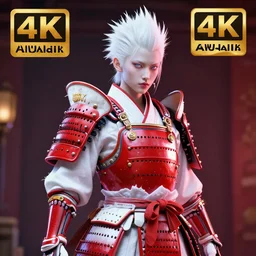 dream beautiful albino maiko samurai armor, photograph, award wining, red and white, trending on artstation, punk attitude, 4 k, unreal engine 5, octane render, neon highlights, detailed, photo by steve meiele, annie lebovetz, david lachapelle