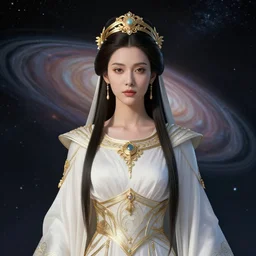 portrait of the powerful empress of the solar system in the style of john harris and in the style of john berkey. glowing, ornate and intricate linework, stunning, dynamic lighting, ultrafine and hyperdetailed.