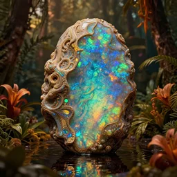 iridescent opal monolith made of opal inside a large hole, moody, warm tones, water reflection, opalescent lush tropical forest with flowers : : dan mcpharlin, daniel merrian : : ornate, dynamic, particulate, rich colors, intricate, elegant, highly detailed, centered, artstation, smooth, sharp focus, octane render, d