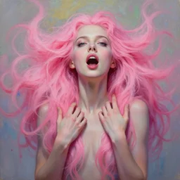 pink - haired woman, mouth opened, soft psychedlic body painting, no makeup, detailed arms & hands, detailed lips, ahegao face, eyes looking up, detailed frontal declotage and thick flowing hair, by gil elvgren, julie bell, and randolph stanley hewton, fantasy, photorealism, splatter, bleed, epic lighting, hyperrealism, 8 k