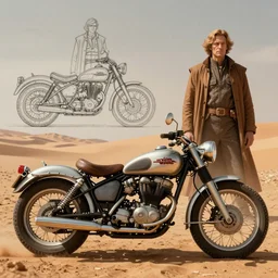 moebius and ralph mcquarrie style, vintage classic motorcycle, technical drawing, star wars dune, the incal