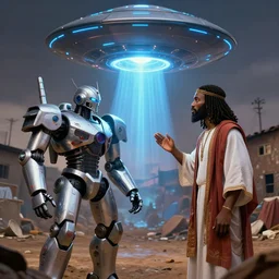 mecha robot in Ajegunle slum of Lagos conversing with African Jesus Christ about beauty under a large UFO beaming a neon ray of light,