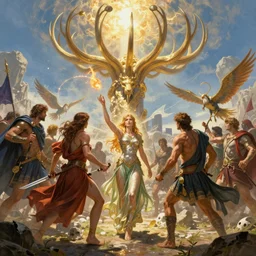 the battle of mt. olympus, epic scene, highly detailed, high quality, 8 k, 4 k, octane render, digital painting, alena aenami, lilia alvarado, shinji aramaki, karol bak, alphonse mucha, tom bagshaw