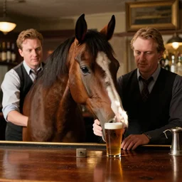 a horse sitting in a bar drinking a pint with a barman s - 1 6 4 5 0 6 7 4 1 7