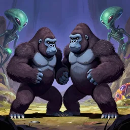 a gorilla android fighting alien invaders.