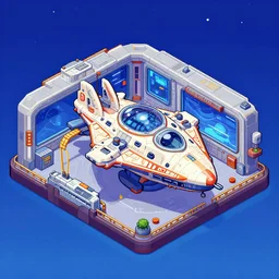 isometric view of a spaceship in a spaceport, from a lucasarts point and click 2 d graphic adventure game, art inspired by thomas kinkade