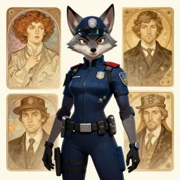 female anthropomorphic coyote wolf character in a cybertech police uniform. Renowned character illustration by greg rutkowski, thomas kindkade, alphonse mucha, loish, norman rockwell. Trending on artstation.