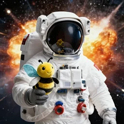 an astronaut holds a bumblebee plush toy in his hand, space background with explosions, highly detailed still portrait, award winning picture