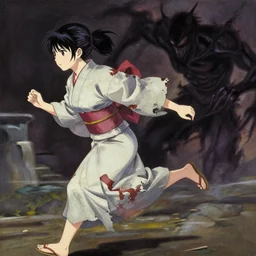 a painting of an anime girl in a shredded kimono running away from the dark and sinister entity pursuing her