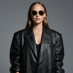 detailed attractive characther portrait of natalie portman wearing oversized leather puffy black blazer jacket and wearing golden sunglasses, realistic, wide angle, dramatic light 8 k