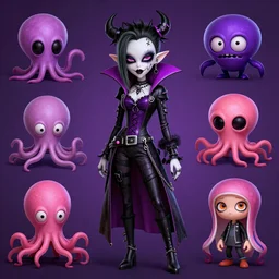 lisa frank gothic punk vampiric rockstar vampire squid concept character designs of various shapes and sizes by genndy tartakovsky and splatoon by nintendo and the psychonauts by doublefine tim shafer artists for the new hotel transylvania film