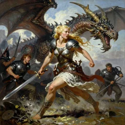 An oil painting of a beautiful blonde viking woman running into battle with sword, ancient armor, aesthetic, by Frank Frazetta, Greg Rutkowski, Boris Vallejo, Neal Hanson, Christian MacNevin, epic fantasy character art, goddess of war, goddess of anger, high fantasy, full length, exquisite detail, post-processing, low angle, masterpiece, cinematic, colossal dragon in background